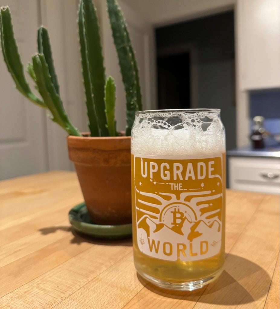 Bitcoin 'Upgrade the World' Can-Shaped Glass - Crypto Drinking Tumbler
