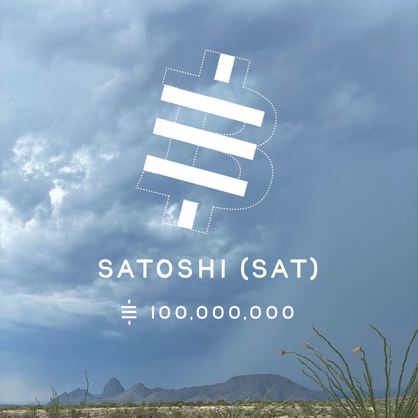 Graphic showing a Sat Symbol embedded in the Bitcoin symbol with the text Satoshi and 100,000,000