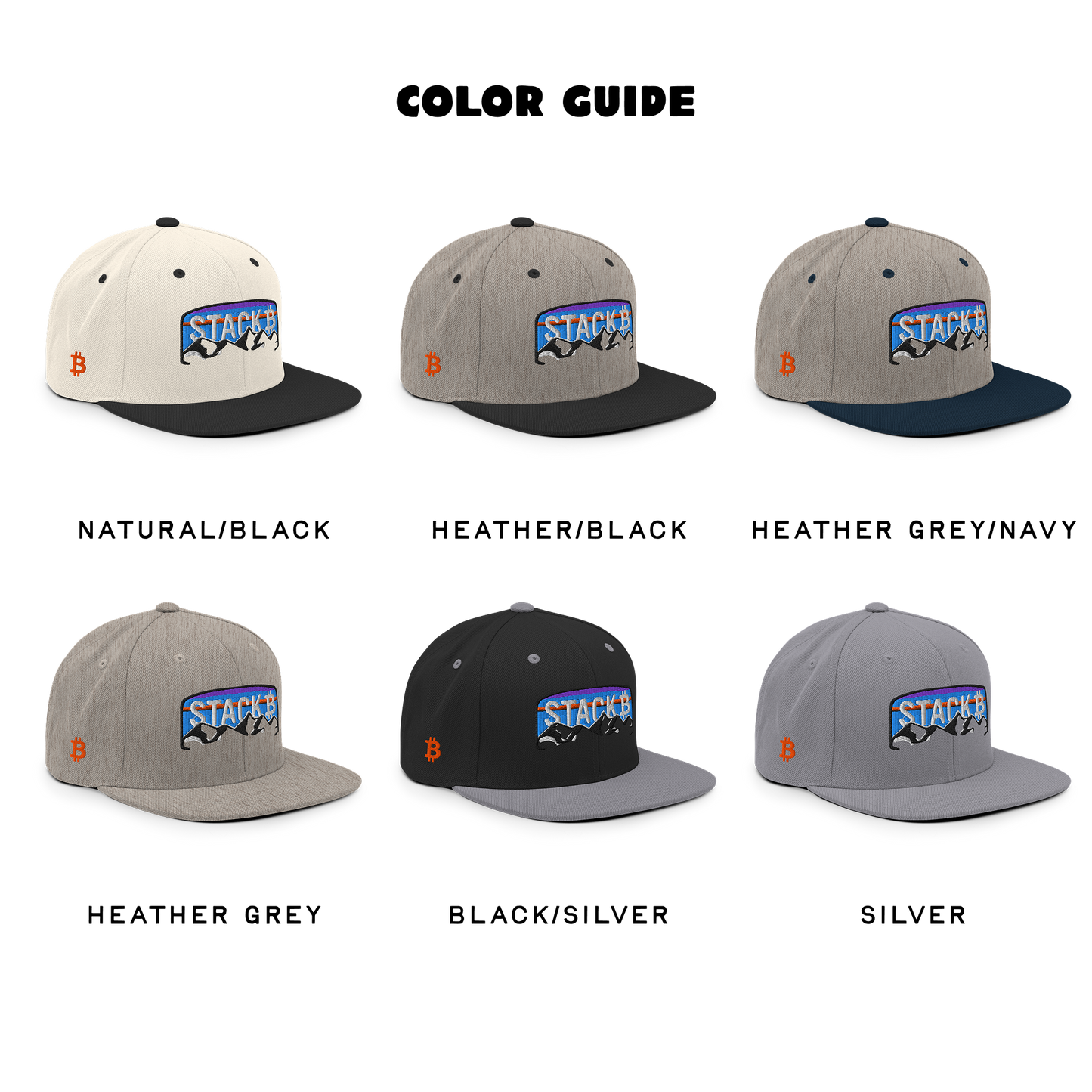 Color guide for Stack Mountain hats with different combinations of colors on a white background, showing natural/black, heather/black, heather/navy, heather, black/silver, and silver.