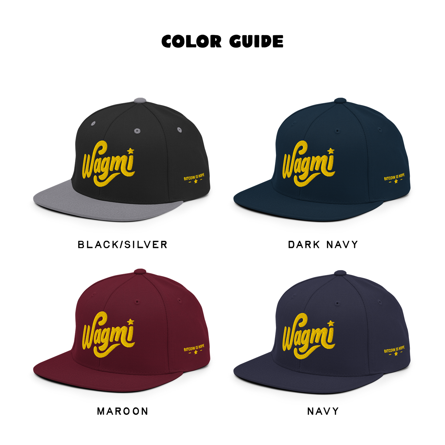 Color guide of hats with Wagmi logo in different colors on a white background, showing black/silver, dark navy, maroon, and navy.