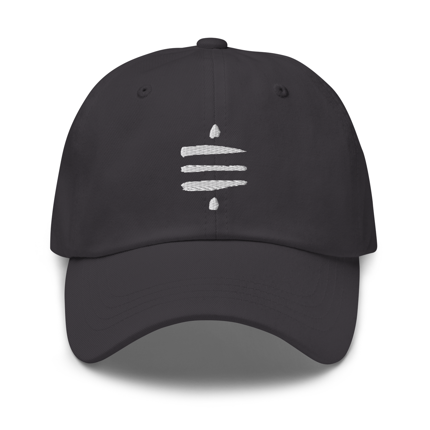 A dark grey dad hat with the Satoshi symbol embroidered in white on the front.