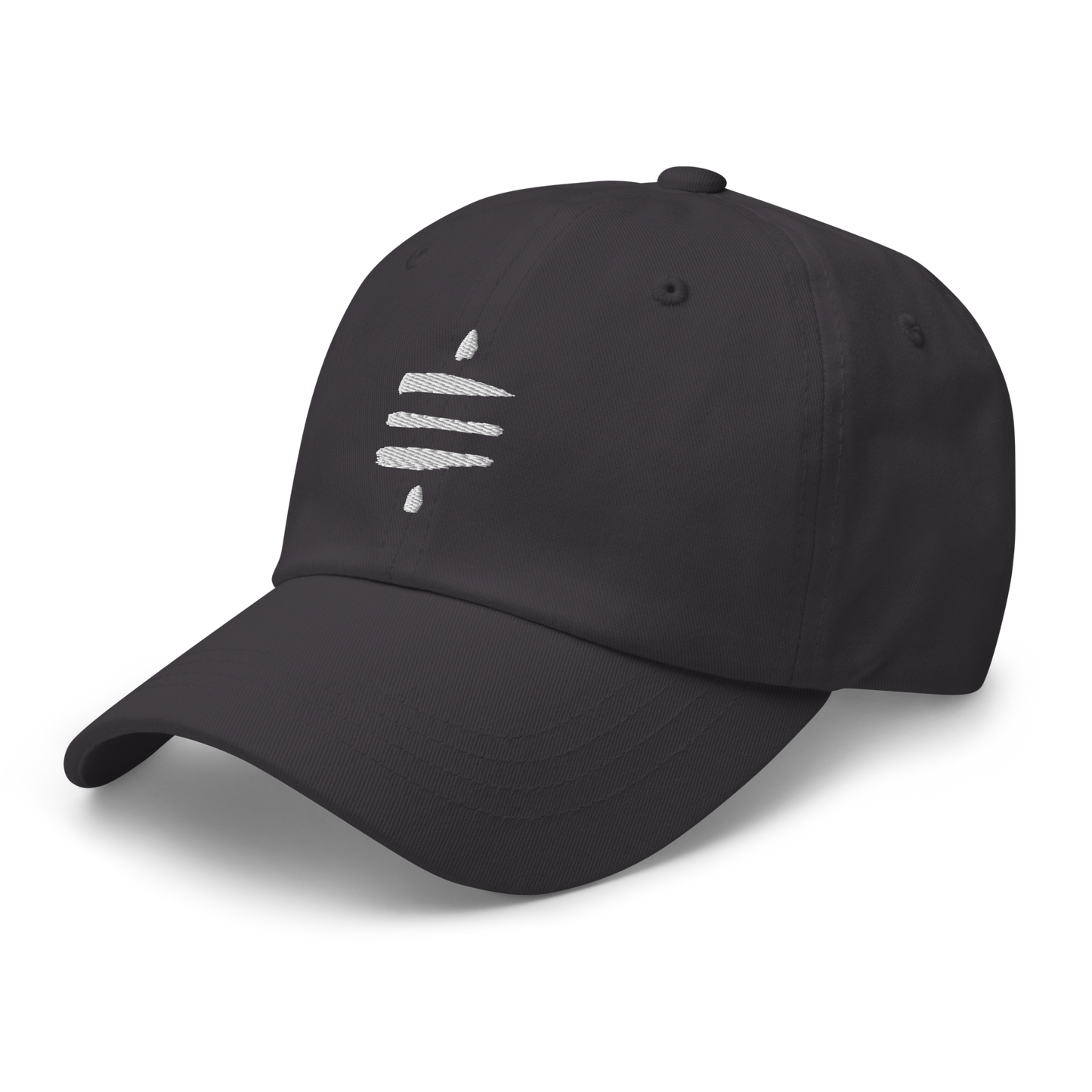 Side view of a dark grey dad hat with the Satoshi symbol embroidered in white on the front.