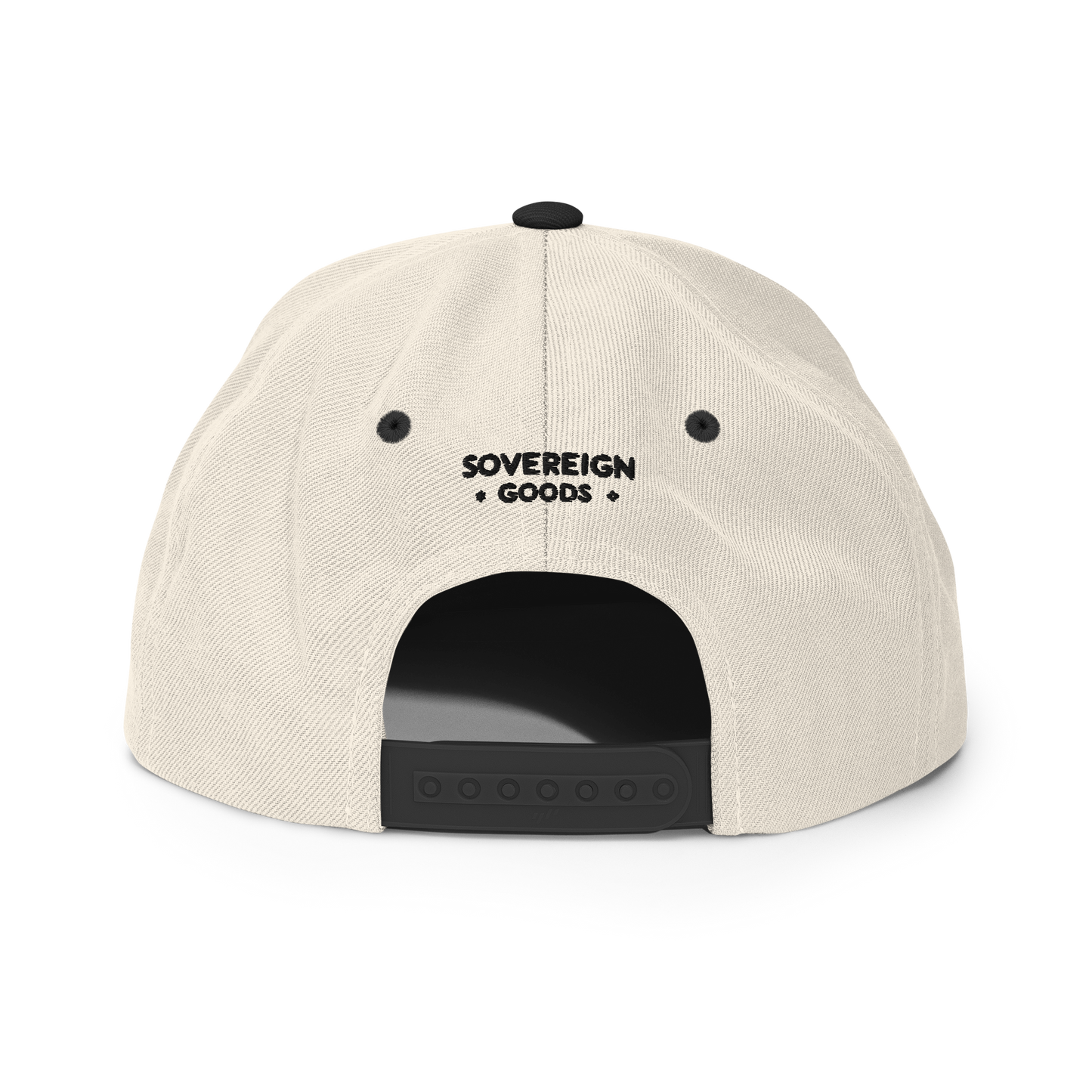 Back view of a beige hat with 'SOVEREIGN GOODS' logo embroidered on the back in black.