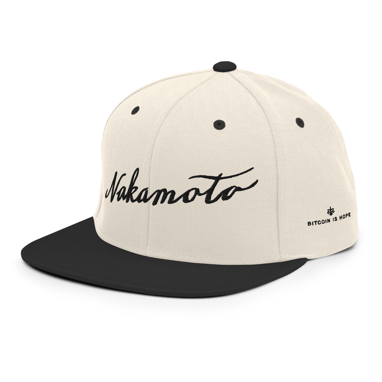Left side angle view of a beige and black trucker hat with the word 'Nakamoto' embroidered in a script font on the front in black, and 'BITCOIN IS HOPE' embroidered in black on the left side.