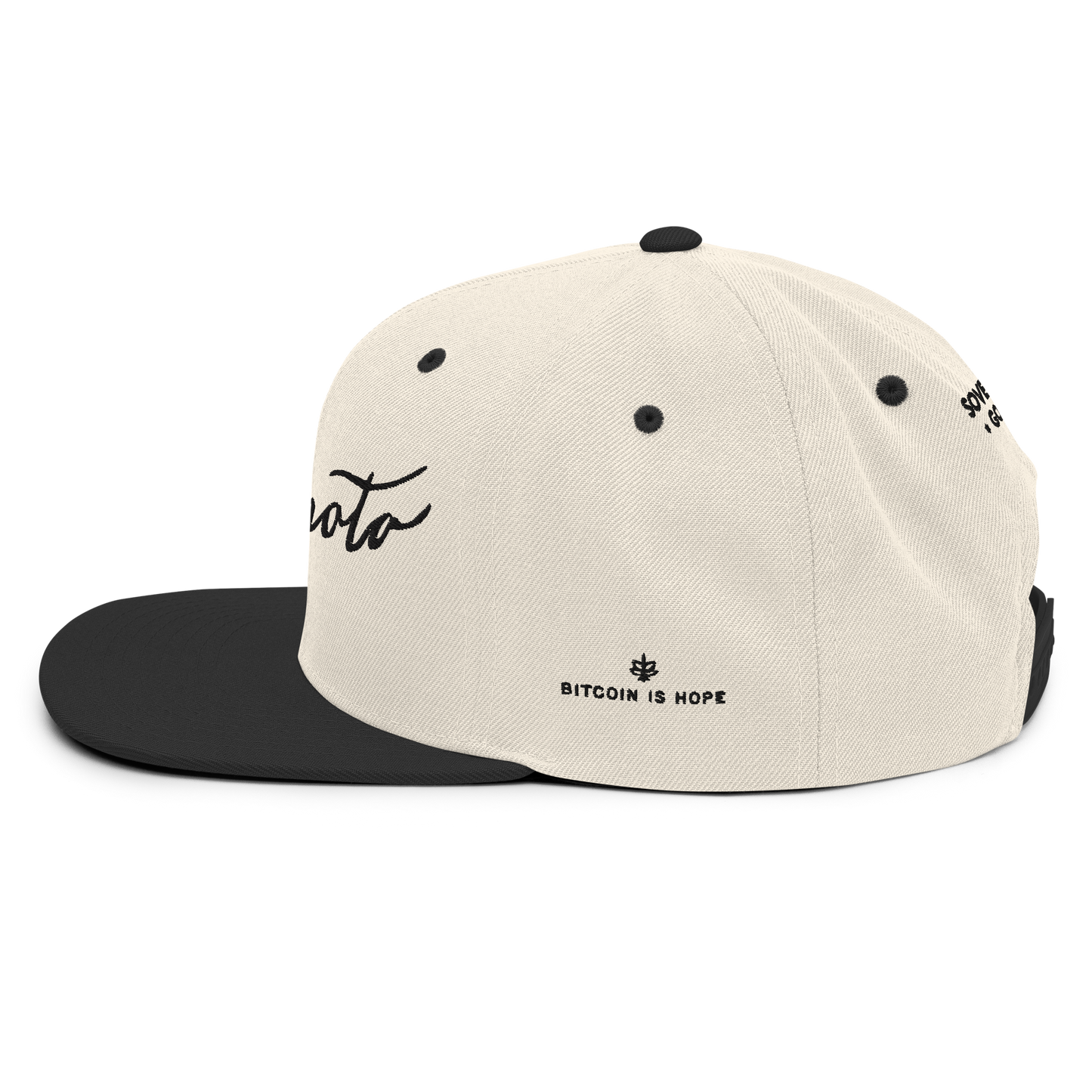 Full left side view of a beige and black trucker hat with the word 'Nakamoto' embroidered in a script font on the front in black, and 'BITCOIN IS HOPE' embroidered in black on the left side.