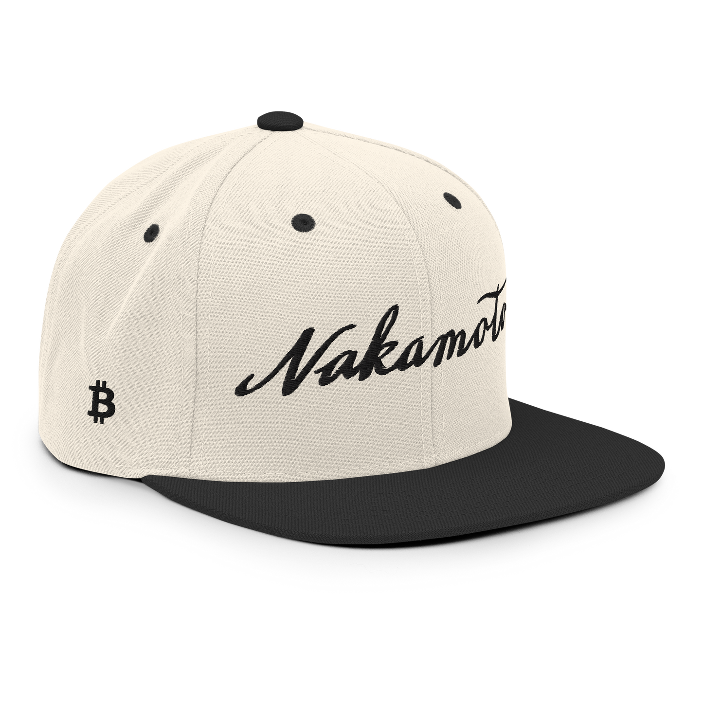 Right side angle view of a beige and black trucker hat with the word 'Nakamoto' embroidered in a script font on the front in black, and a Bitcoin logo embroidered in black on the right side.