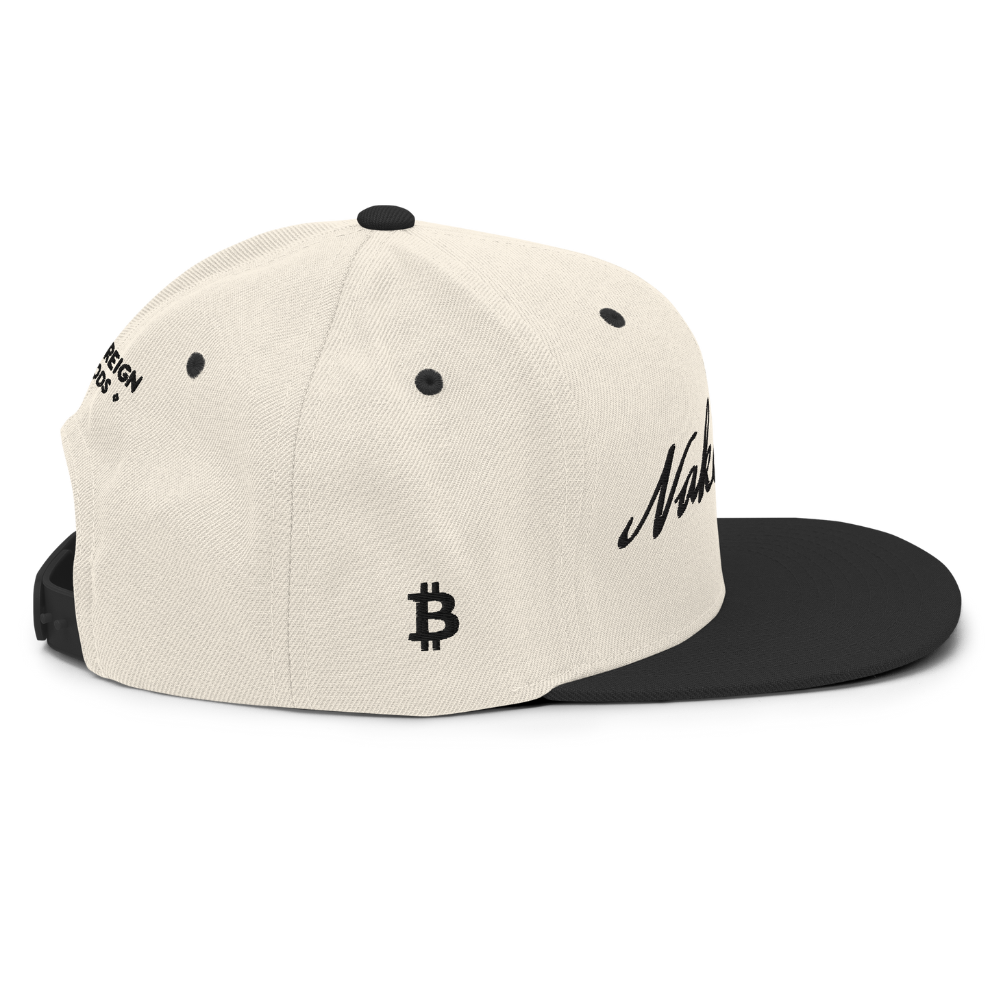 Full right side view of a beige and black trucker hat with the word 'Nakamoto' embroidered in a script font on the front in black, and a Bitcoin logo embroidered in black on the right side.