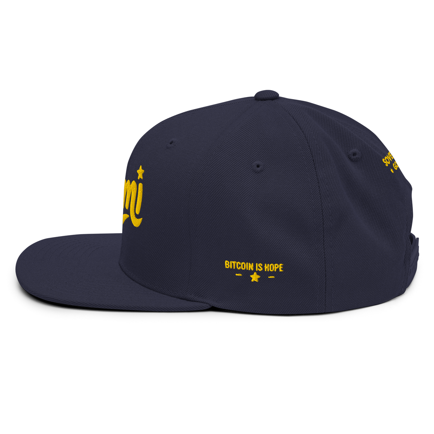 A navy baseball cap that reads WAGMI (We’re All Gonna Make It) embroidered in yellow, and 'Bitcoin is Hope' on the side.