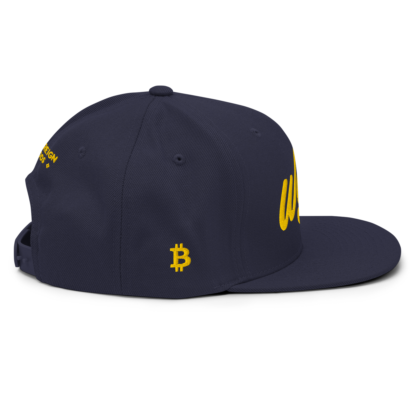 A navy baseball cap that reads WAGMI (We’re All Gonna Make It) embroidered in yellow, and Bitcoin logo on the side.
