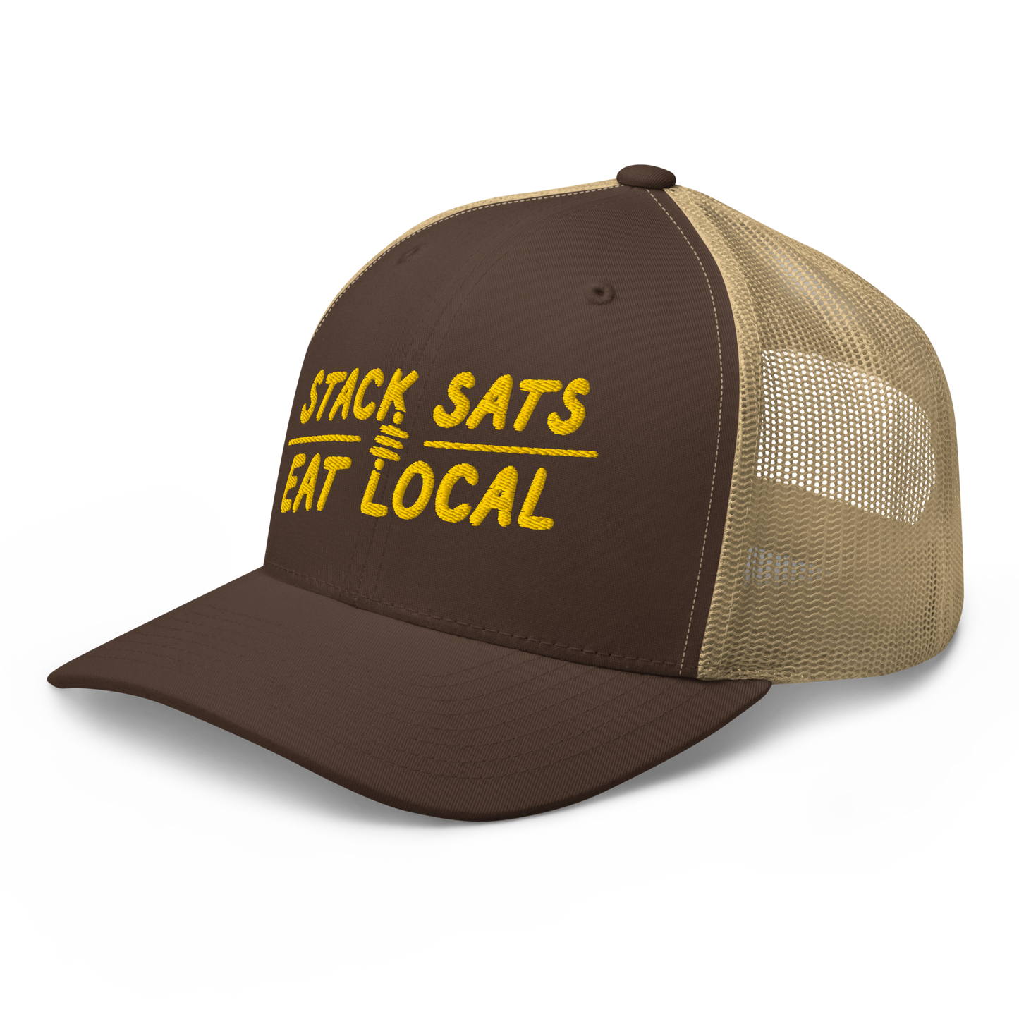 Brown and Khaki color Bitcoin trucker hat with 'Stack Sats and Eat Local' embroidered in yellow