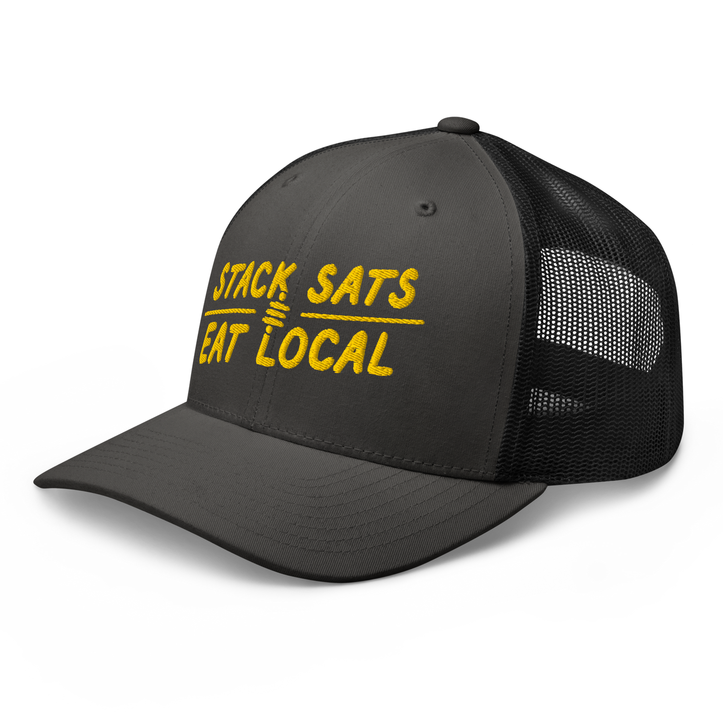 Charcoal and black color Bitcoin trucker hat with 'Stack Sats and Eat Local' embroidered in yellow