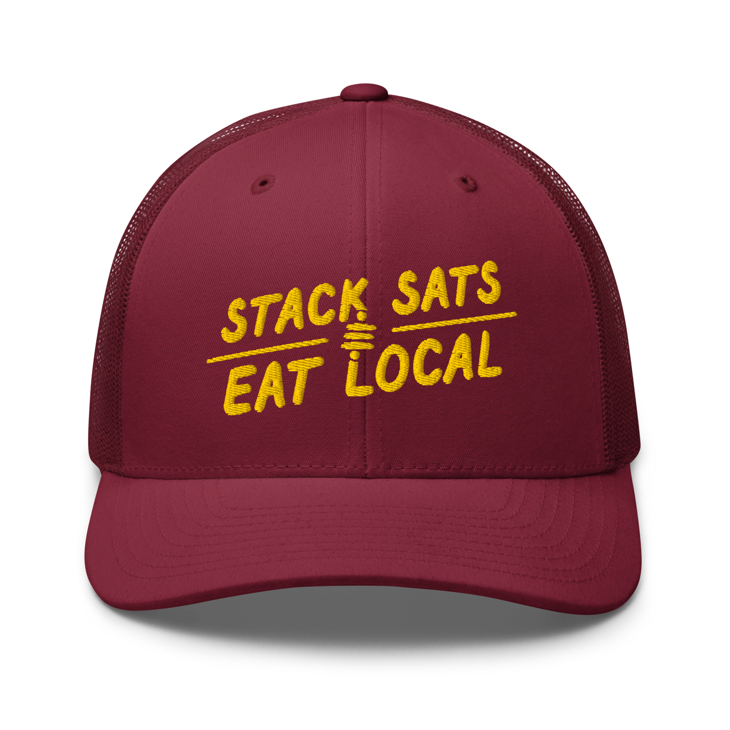 Cranberry Bitcoin trucker hat with 'Stack Sats and Eat Local' embroidered in yellow