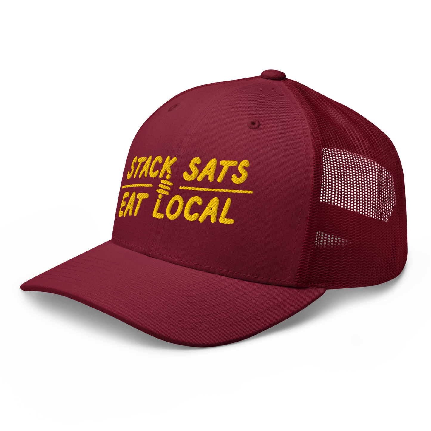 Cranberry color Bitcoin trucker hat side view with 'Stack Sats and Eat Local' embroidered in yellow