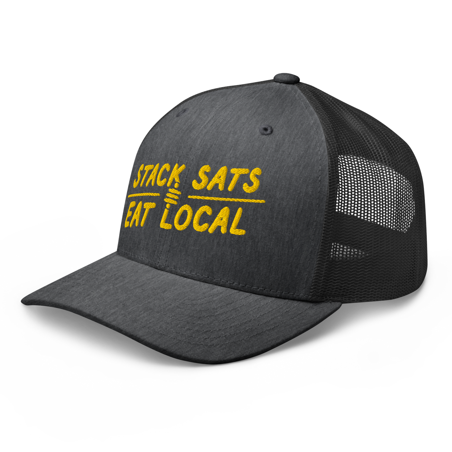 Dark Heather Grey color Bitcoin trucker hat with 'Stack Sats and Eat Local' embroidered in yellow