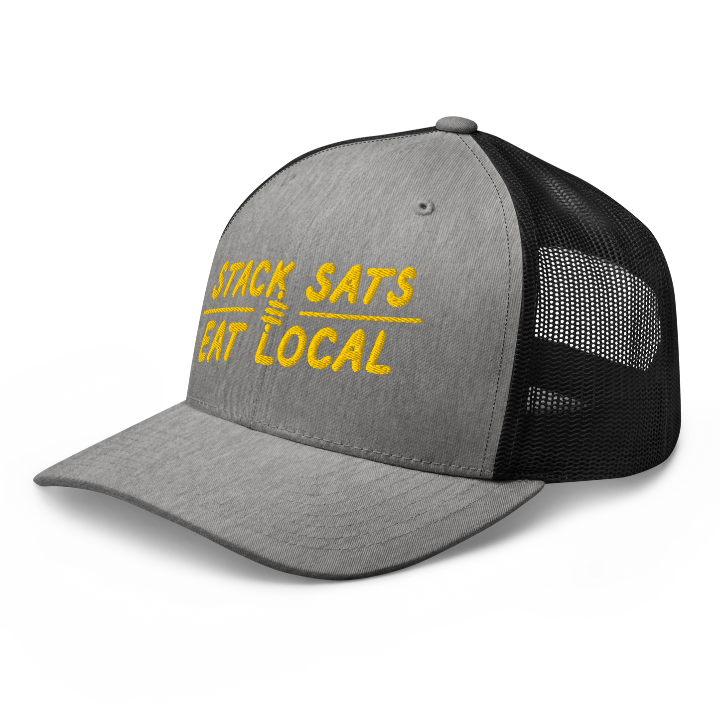 Heather and Black color Bitcoin trucker hat with 'Stack Sats and Eat Local' embroidered in yellow
