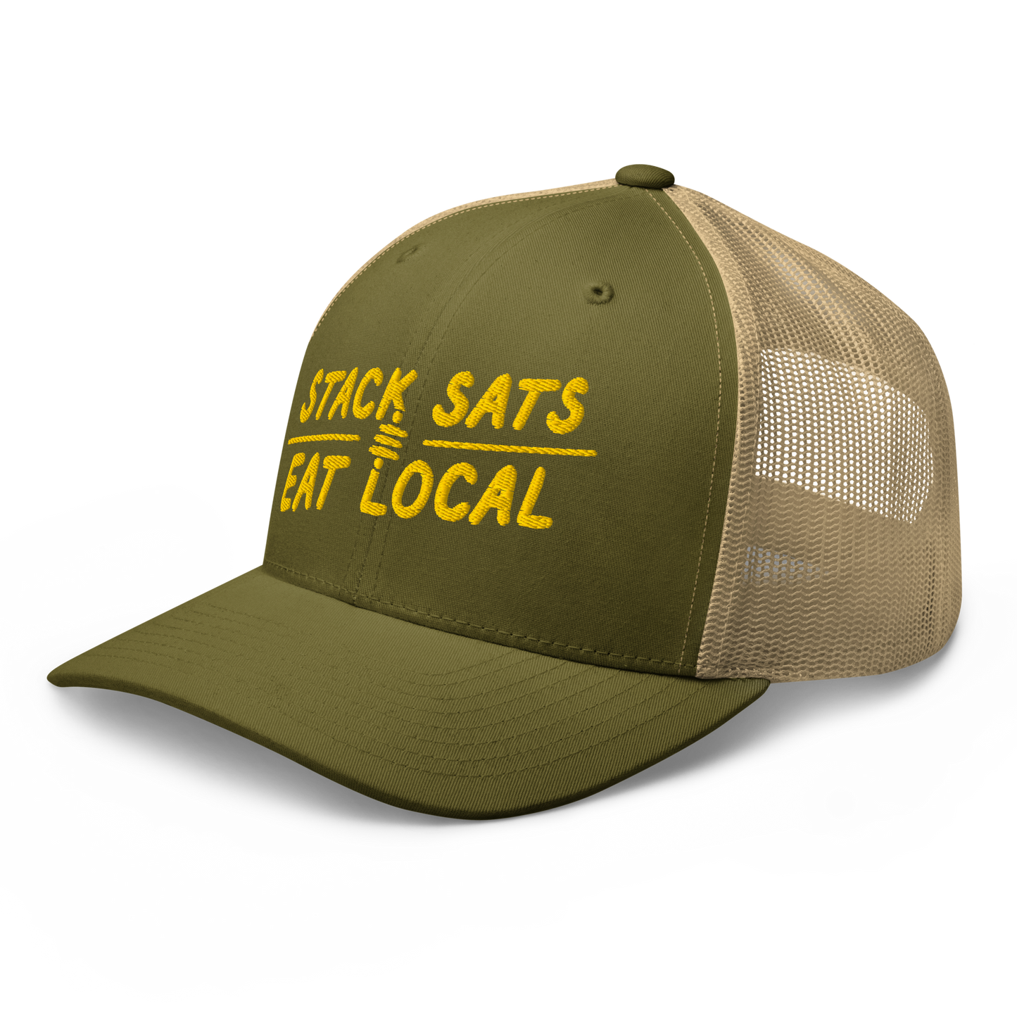 Khaki and Moss color Bitcoin trucker hat with 'Stack Sats and Eat Local' embroidered in yellow