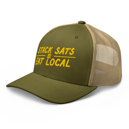 Khaki and Moss color Bitcoin trucker hat with 'Stack Sats and Eat Local' embroidered in yellow
