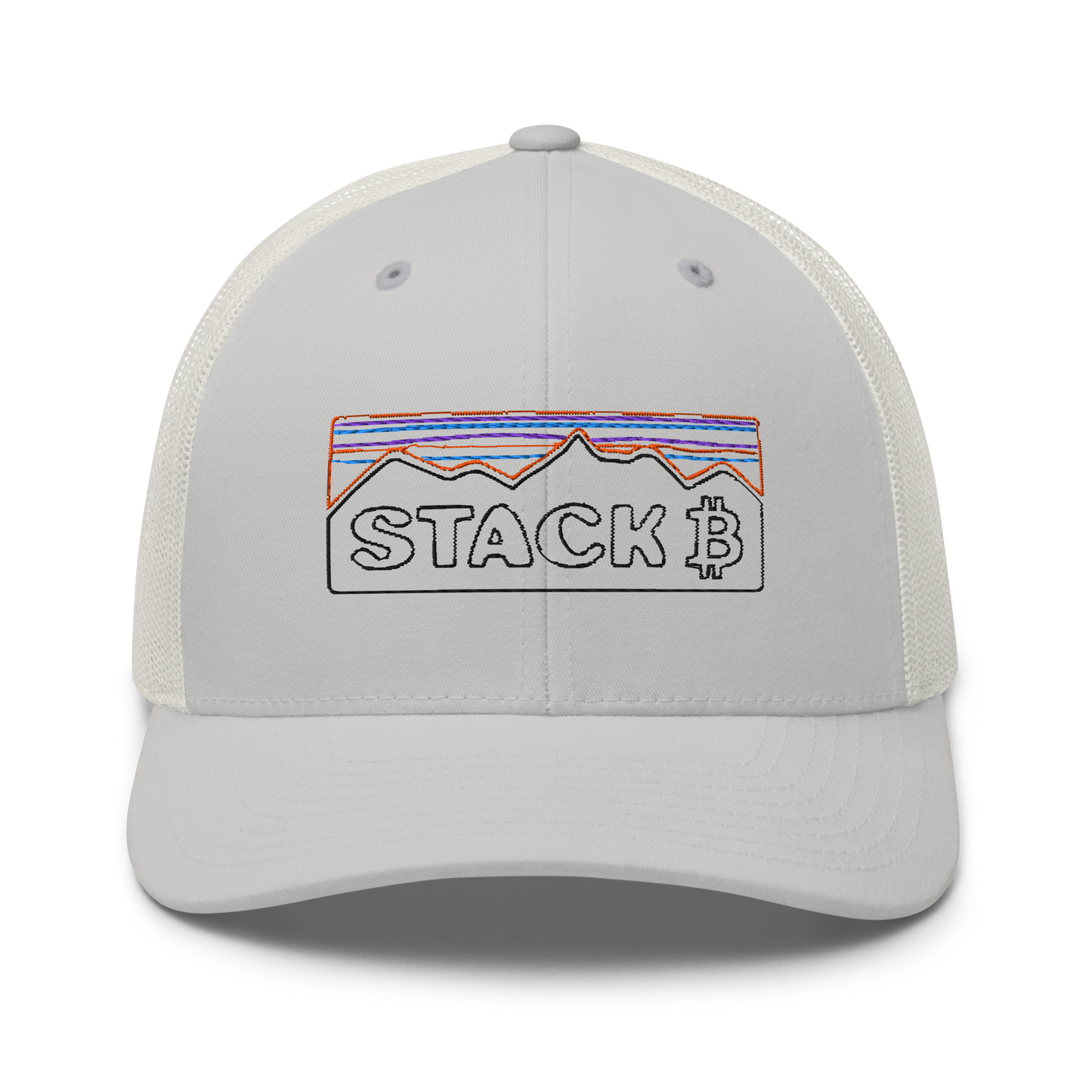 White and silver Color Bitcoin Stack Mountain Retro Crypto Hat