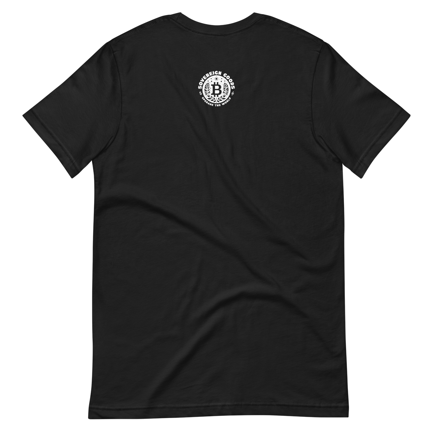 Black Sat Symbol Tee back, with a white Sovereign Goods Logo on the back