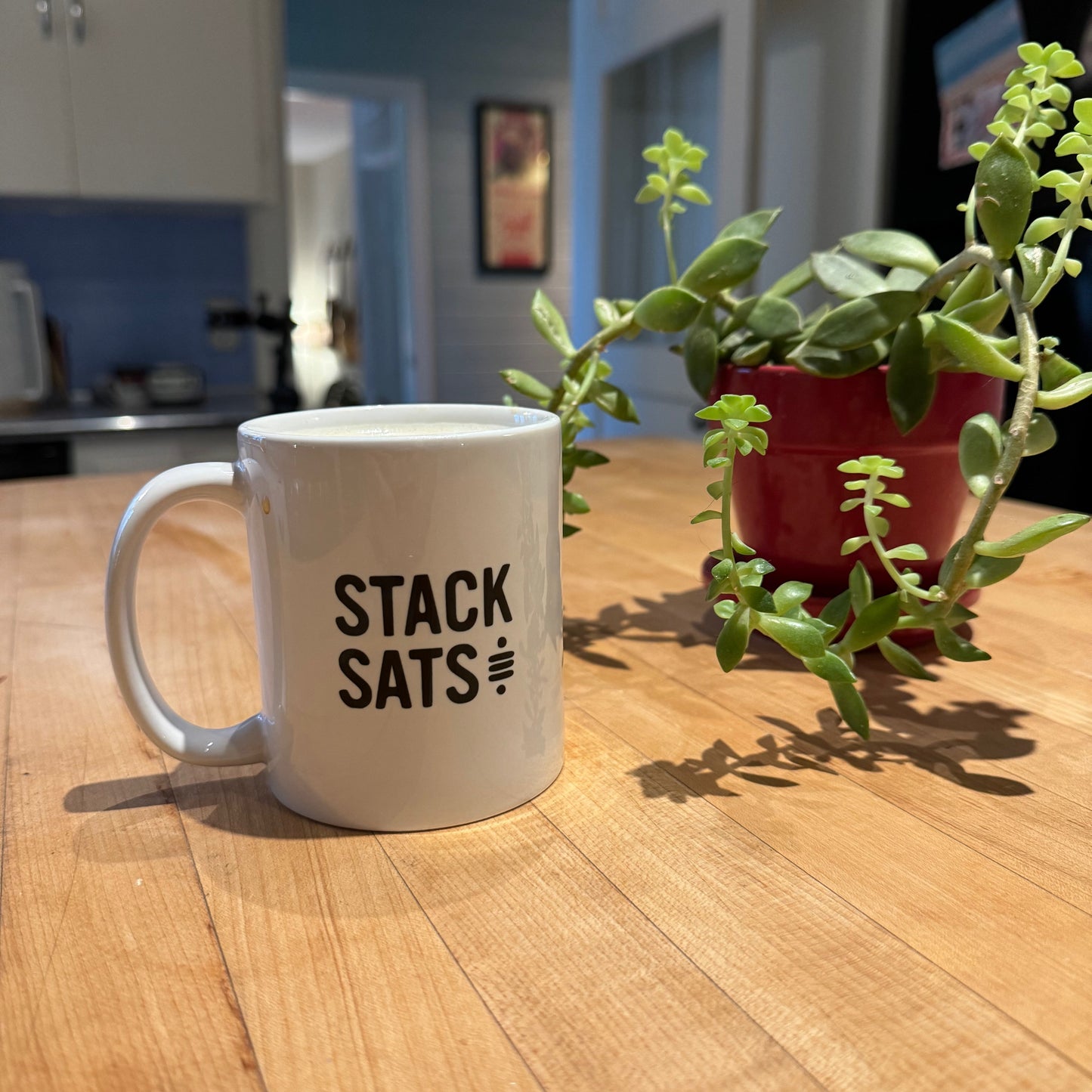 White Satoshi Symbol Mug with a black Sat Symbol and the text 'STACK SATS' sitting on a butcher block counter with a green plant