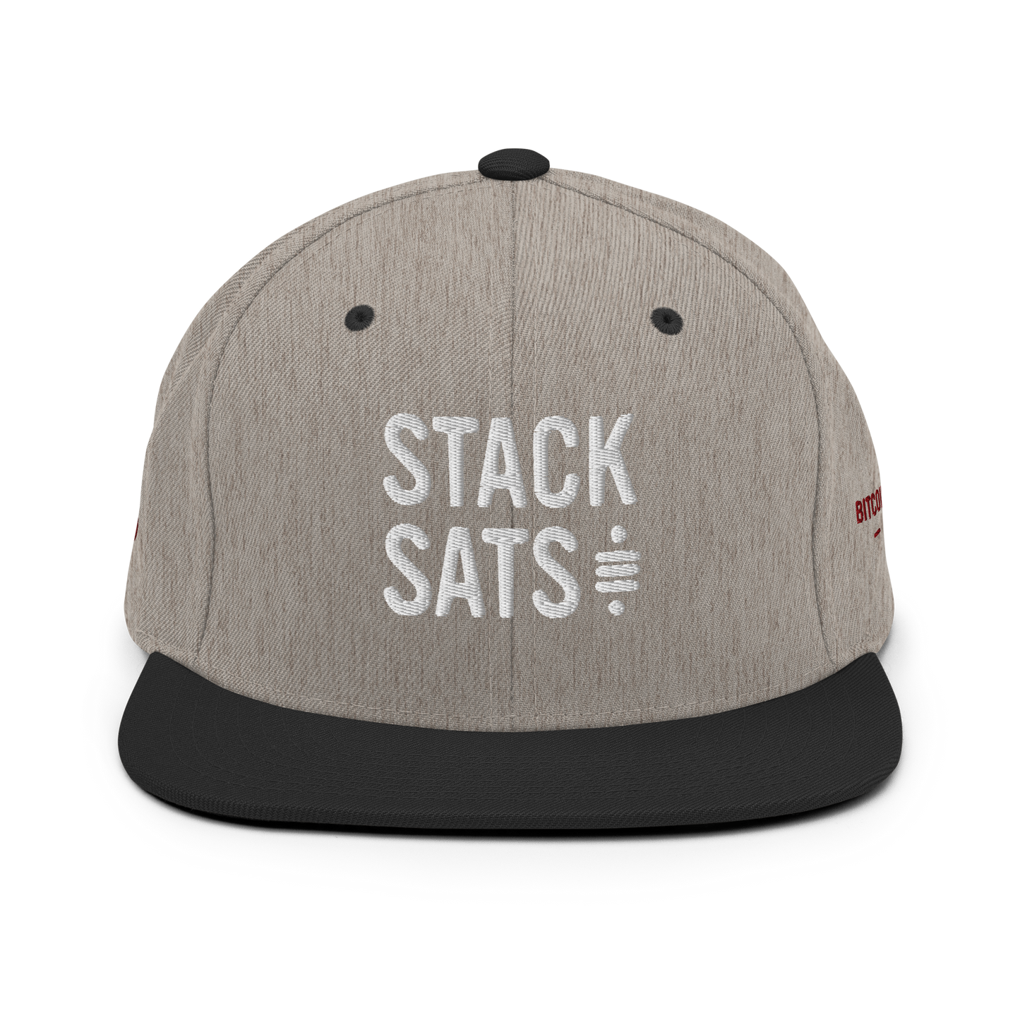 A snapback hat with 'STACK SATS' written in white on the back, with a black brim and gray crown.