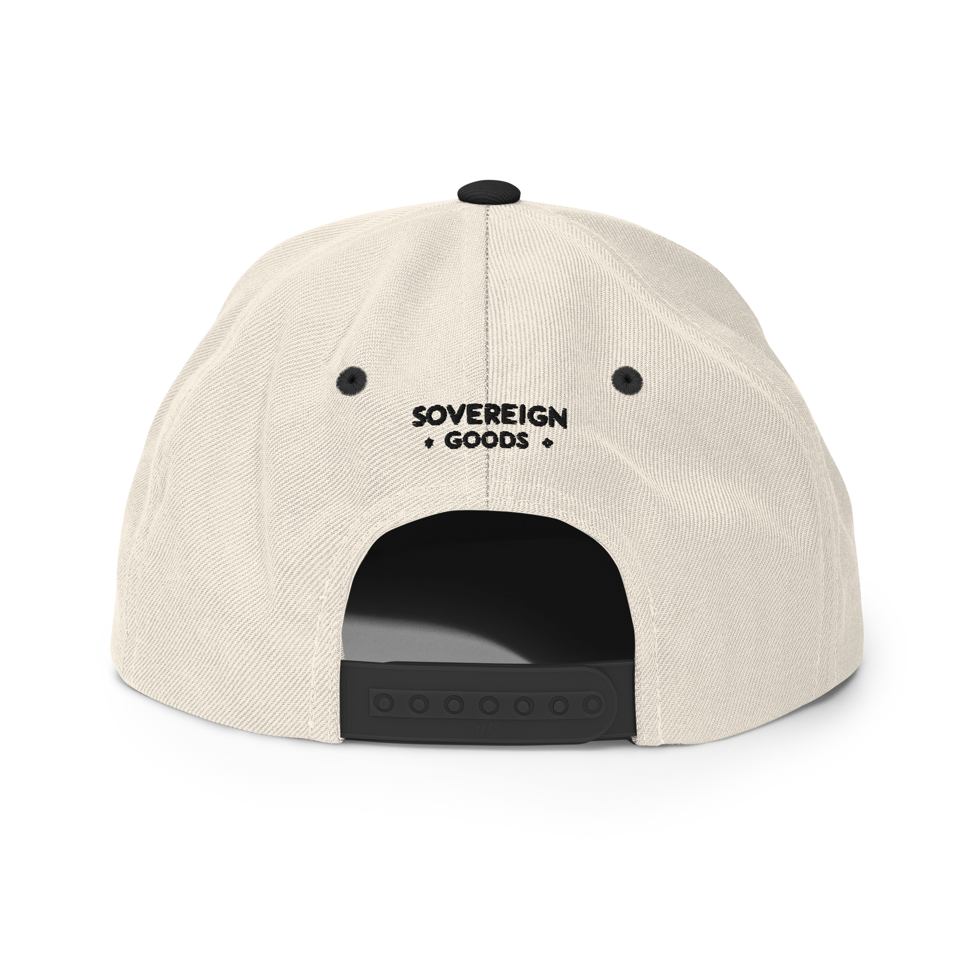 A beige and black baseball cap with a black brim shown from the back. The cap has a black embroidered logo that says 'SOVEREIGN GOODS'.