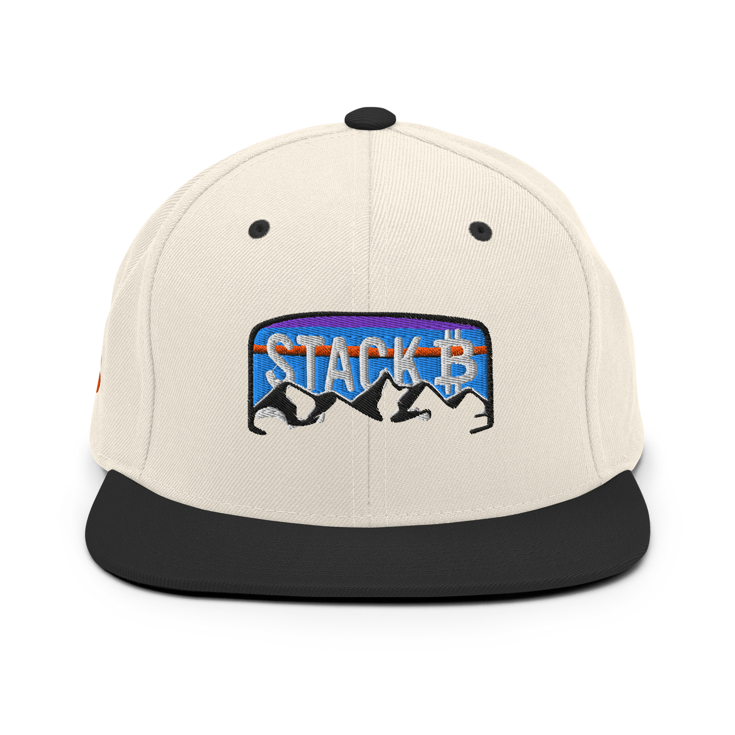 Cream and Black front view of snapback hat with orange Bitcoin logo and 'Stack' and mountain design for Bitcoin hodlers - Sovereign Goods.