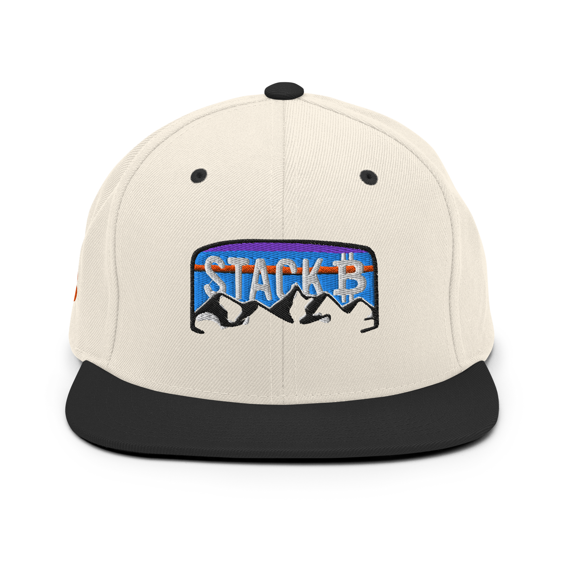 Cream and Black front view of snapback hat with orange Bitcoin logo and 'Stack' and mountain design for Bitcoin hodlers - Sovereign Goods.