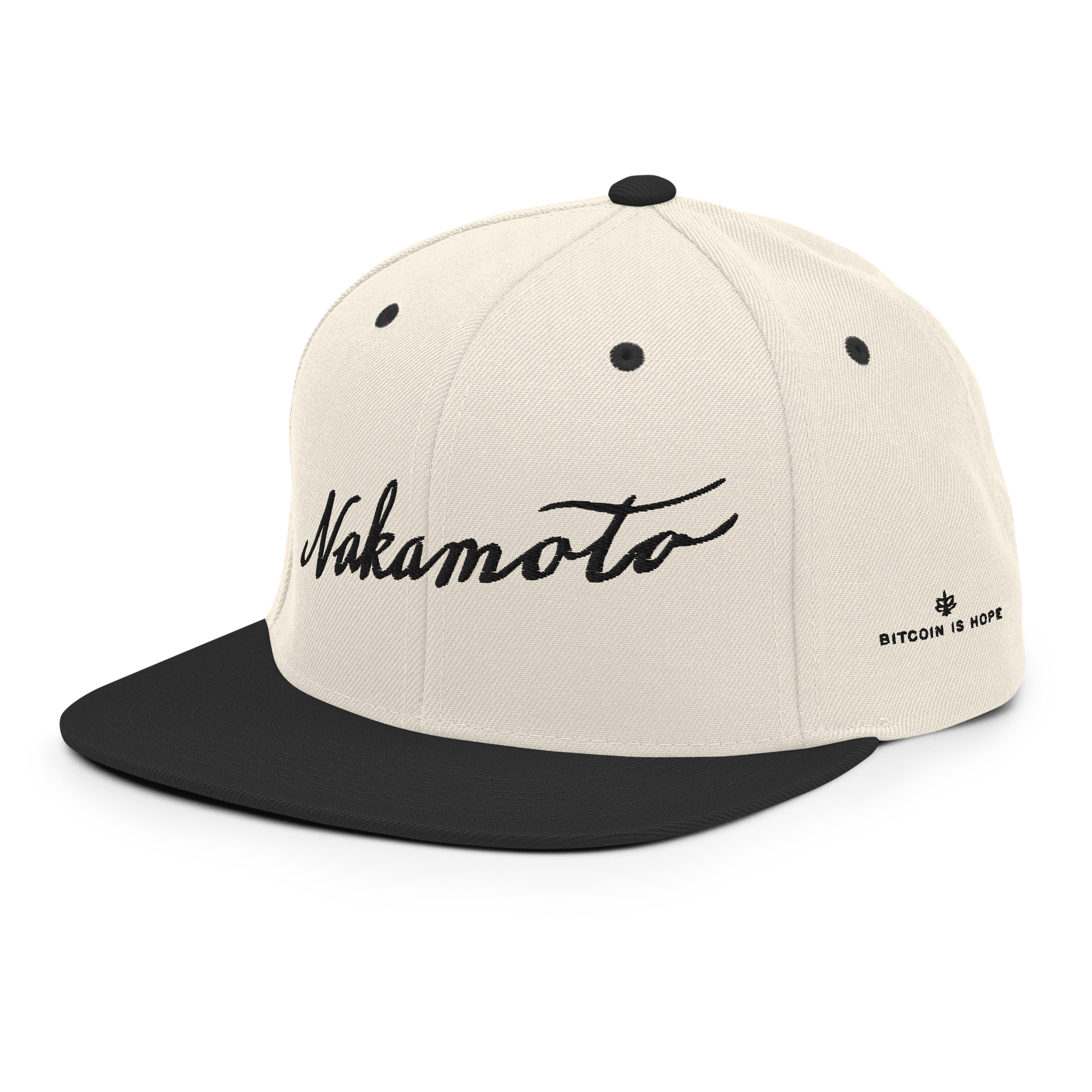 Left side angle view of a beige and black trucker hat with the word 'Nakamoto' embroidered in a script font on the front in black, and 'BITCOIN IS HOPE' embroidered in black on the left side.