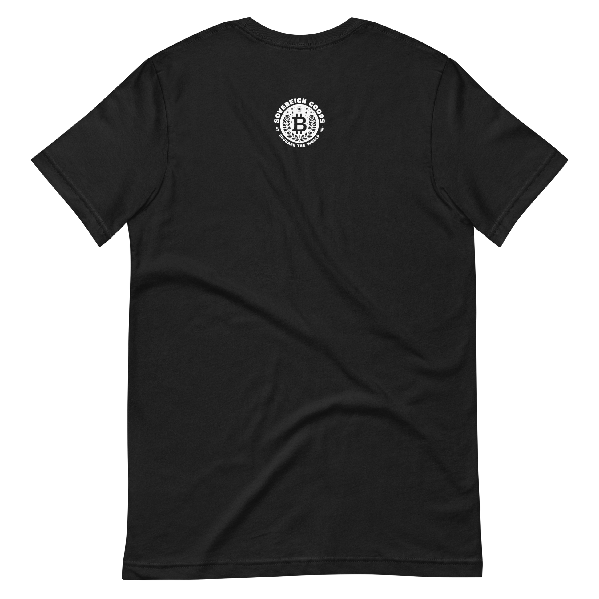 Black Sat Symbol Tee back, with a white Sovereign Goods Logo on the back
