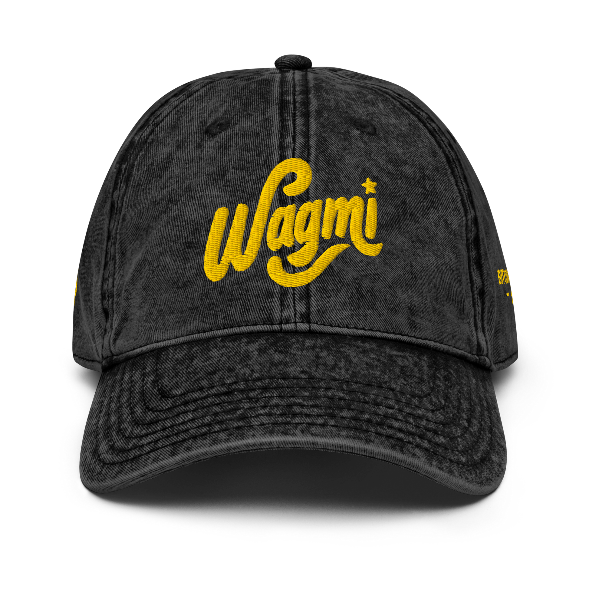 Black vintage cotton twill cap with 'We’re All Gonna Make It' in yellow text, inspiring crypto optimism - Sovereign Goods.