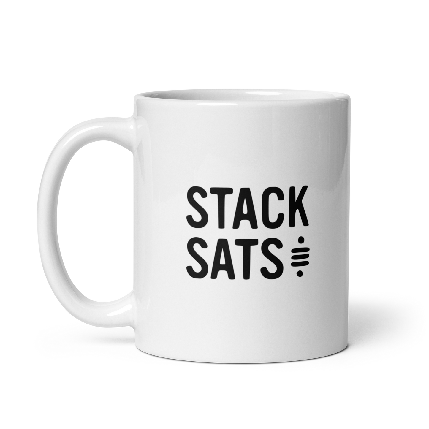 White Satoshi Symbol Mug with a black Sat Symbol and the text 'STACK SATS'